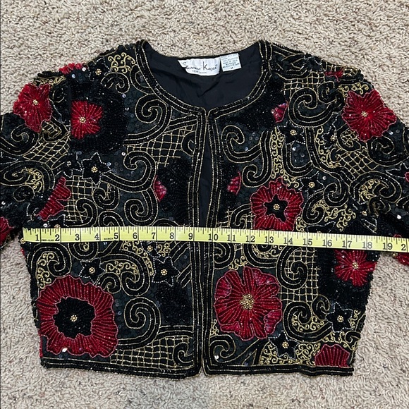 Black Beaded Jacket Long Sleeve Red Gold Embroidery Sequin Vintage Size Medium - Picture 15 of 15